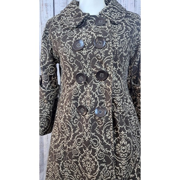Anthropologie LUII S/M Brown Damask Swing Coat Tapestry‎ Wool Blend 3/4 Sleeve - Picture 2 of 9